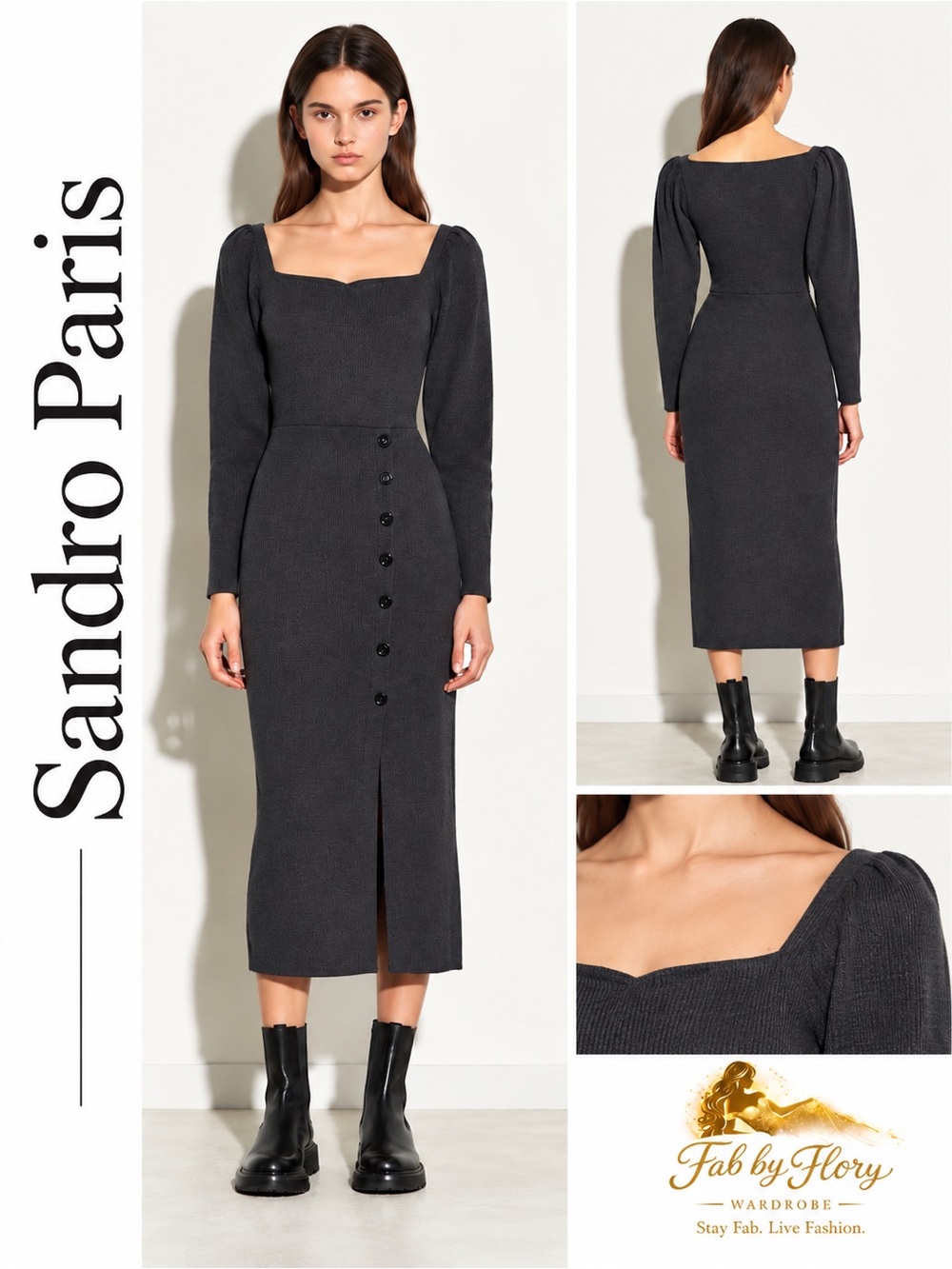 Sandro Paris Madine Knit Midi Dress Anthracite Gray Retail $445 ✨ 42% WOOL BLEND